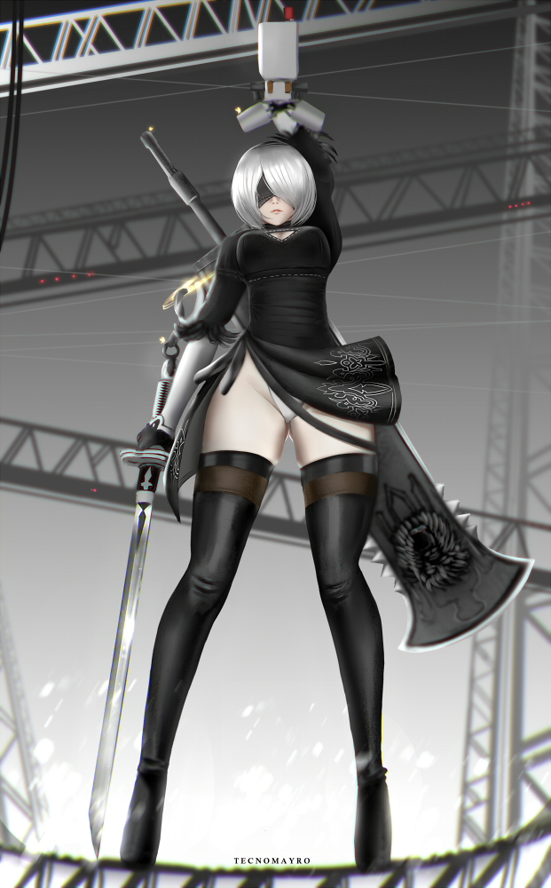 1girl black_blindfold black_boots black_dress black_hairband blindfold boots breasts cleavage_cutout dress facing_viewer feather-trimmed_sleeves hairband highleg highleg_leotard huge_weapon juliet_sleeves leotard long_sleeves medium_breasts mole mole_under_mouth nier_(series) nier_automata pod_(nier_automata) puffy_sleeves short_hair silver_hair solo sword tecnomayro thigh-highs thigh_boots thighhighs_under_boots vambraces weapon weapon_on_back white_leotard yorha_no._2_type_b