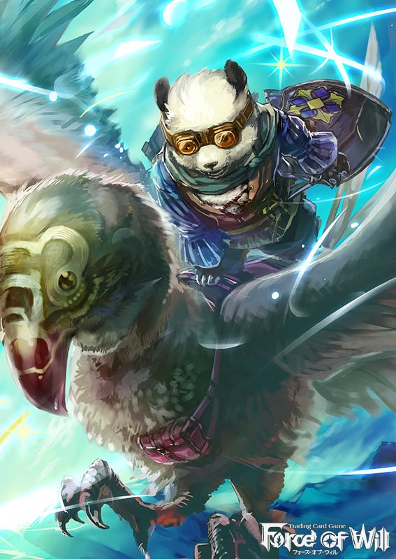 1boy bird copyright_name feathered_wings force_of_will furry gloves goggles komamitsu official_art open_mouth panda sky solo sparkle teeth wings