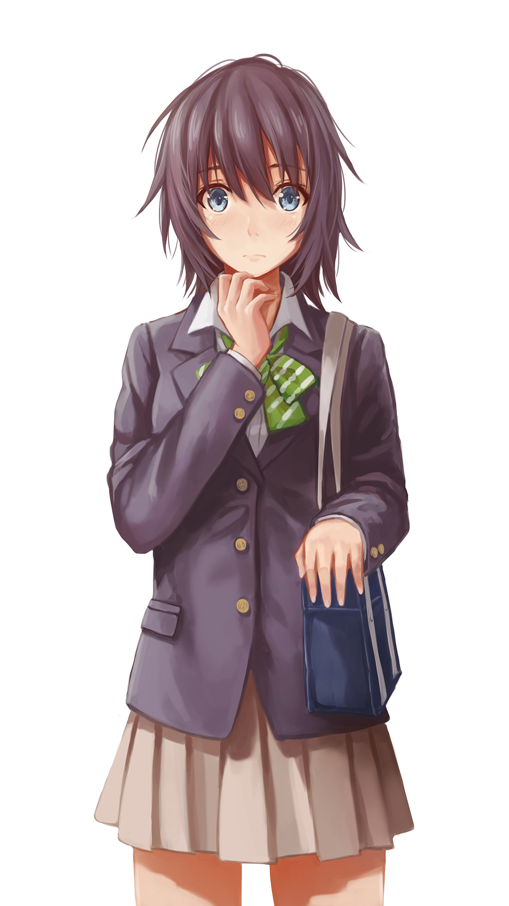 1girl bag black_hair blazer blue_eyes blush bow bowtie brown_skirt closed_mouth collared_shirt eyebrows_visible_through_hair gamers! green_bow green_bowtie hair_between_eyes highres hoshinomori_chiaki jacket long_sleeves looking_at_viewer messy_hair pleated_skirt redpoke school_bag school_uniform shirt short_hair skirt solo striped striped_bow striped_bowtie white_background white_shirt wing_collar