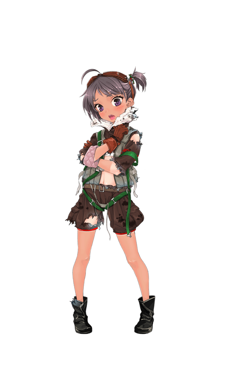 1girl akao_akane black_boots blush boots brown_gloves brown_hair crossed_arms fang formation_girls full_body gloves goggles goggles_on_head highres navel official_art open_mouth sasetsu short_hair shorts solo torn_clothes transparent_background violet_eyes