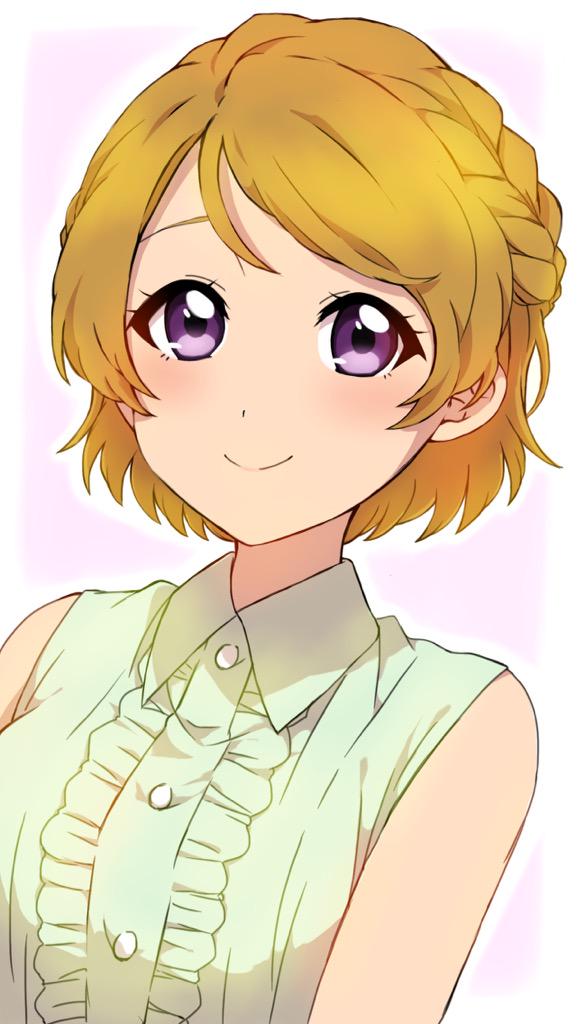 1girl bangs bare_arms blush braid breasts buttons closed_mouth green_shirt koizumi_hanayo light_brown_hair looking_at_viewer love_live! love_live!_school_idol_project medium_breasts purple_background sekina shirt short_hair smile solo swept_bangs tied_hair upper_body violet_eyes