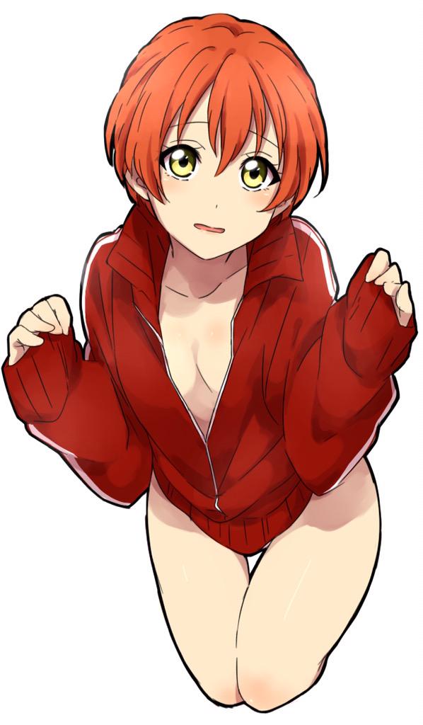 1girl bangs blush collarbone cropped_legs dot_nose green_eyes hoshizora_rin leaning_forward long_sleeves looking_at_viewer love_live! love_live!_school_idol_project naked_sweater parted_lips red_sweater redhead sekina short_hair sleeves_past_wrists solo standing sweater zipper