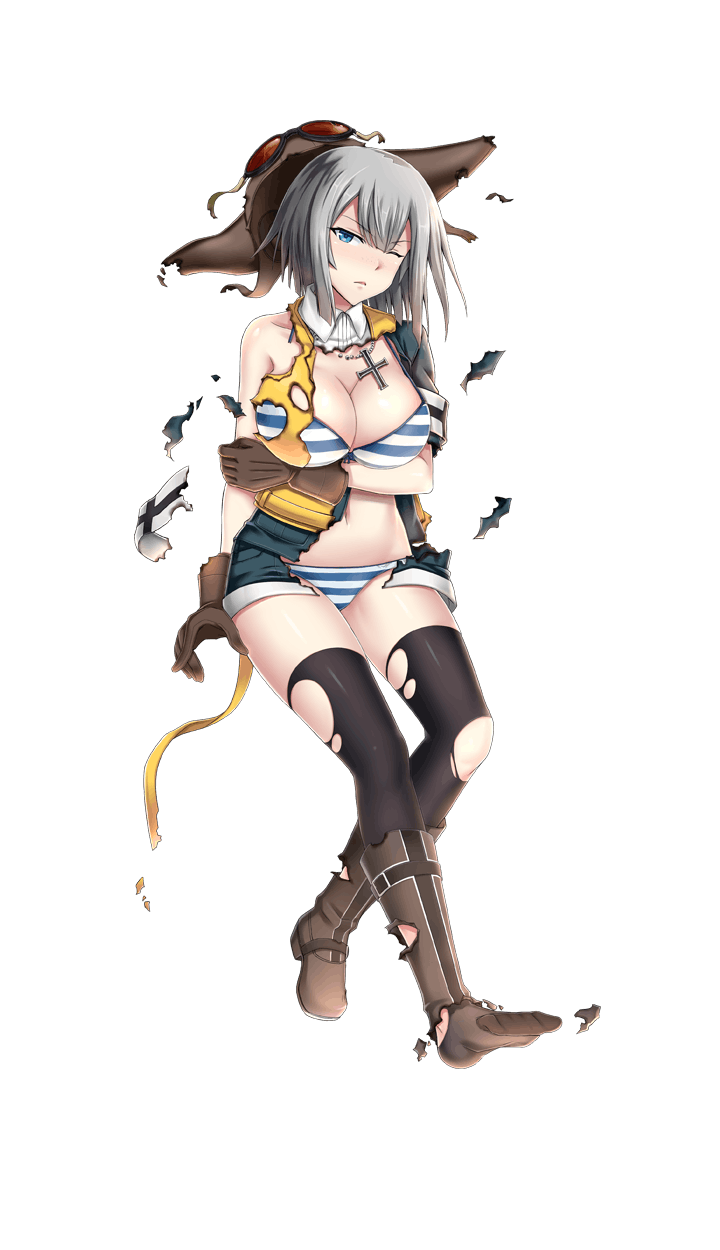 1girl animal_ears aviator_cap black_boots black_legwear blue_eyes boots bra breasts brown_gloves cleavage editha_lent fake_animal_ears formation_girls full_body gloves goggles goggles_on_headwear hands_together highres jewelry large_breasts looking_at_viewer midriff minarai navel necklace official_art panties short_hair short_shorts shorts silver_hair solo striped striped_bra striped_panties thigh-highs torn_clothes torn_thighhighs transparent_background underwear yellow_vest