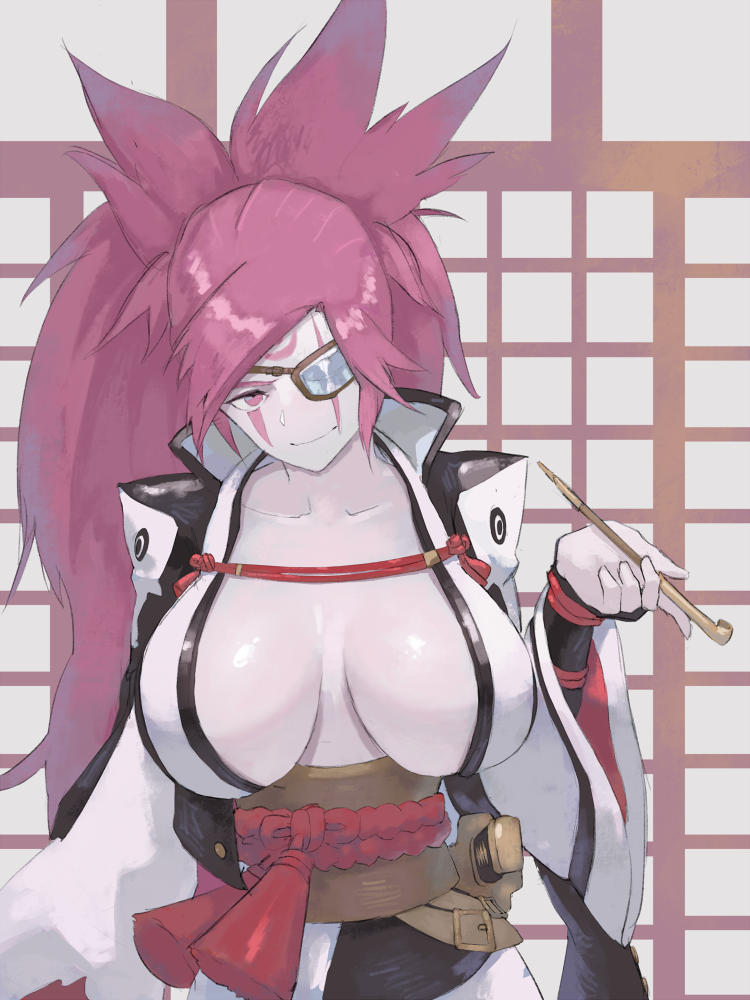 1girl baiken breasts cleavage collarbone eyepatch guilty_gear japanese_clothes kimono kiseru large_breasts long_hair long_sleeves looking_at_viewer obi one-eyed open_clothes open_kimono pink_eyes pink_hair pipe ponytail quentin_lecuiller sash scar scar_across_eye smile solo tattoo upper_body wide_sleeves