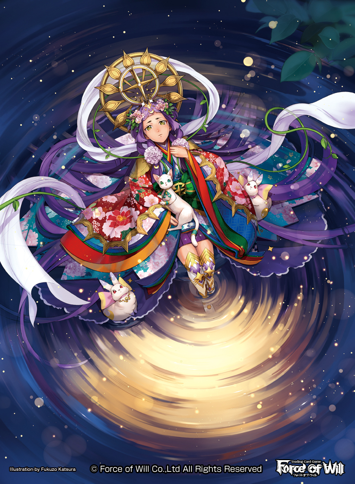 1girl bow cat copyright_name crown flower force_of_will fukuzou hair_flower hair_ornament japanese_clothes jewelry kimono leaf long_hair necklace official_art purple_hair rabbit thigh-highs water yellow_eyes