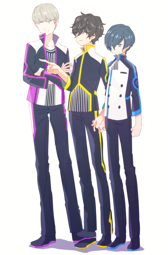 3boys black_hair blue_hair employee_uniform full_body joypolis male_focus multiple_boys persona persona_3 persona_4 persona_5 silver_hair simple_background uniform white_background