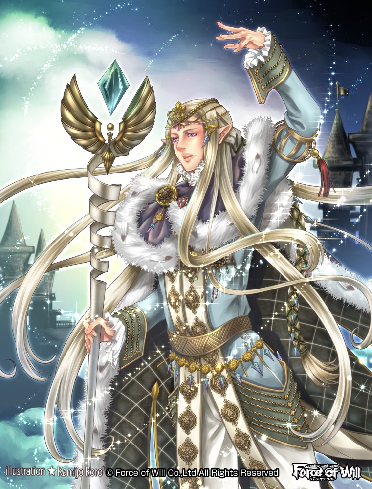 1boy artist_name blonde_hair braid cape castle clouds copyright_name crystal force_of_will fur_trim kamijororo long_hair male_focus official_art open_mouth pointy_ears solo sparkle staff teeth tiara upper_body violet_eyes