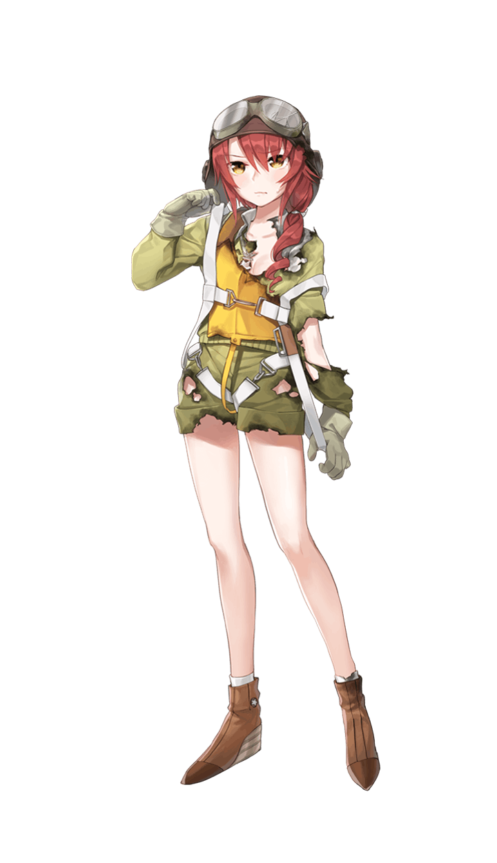 1girl aviator_cap brown_shoes cherry_bond drill_hair formation_girls full_body gloves goggles goggles_on_headwear highres kazune_(baumkuchen) necktie official_art redhead shoes solo torn_clothes transparent_background yellow_eyes yellow_vest