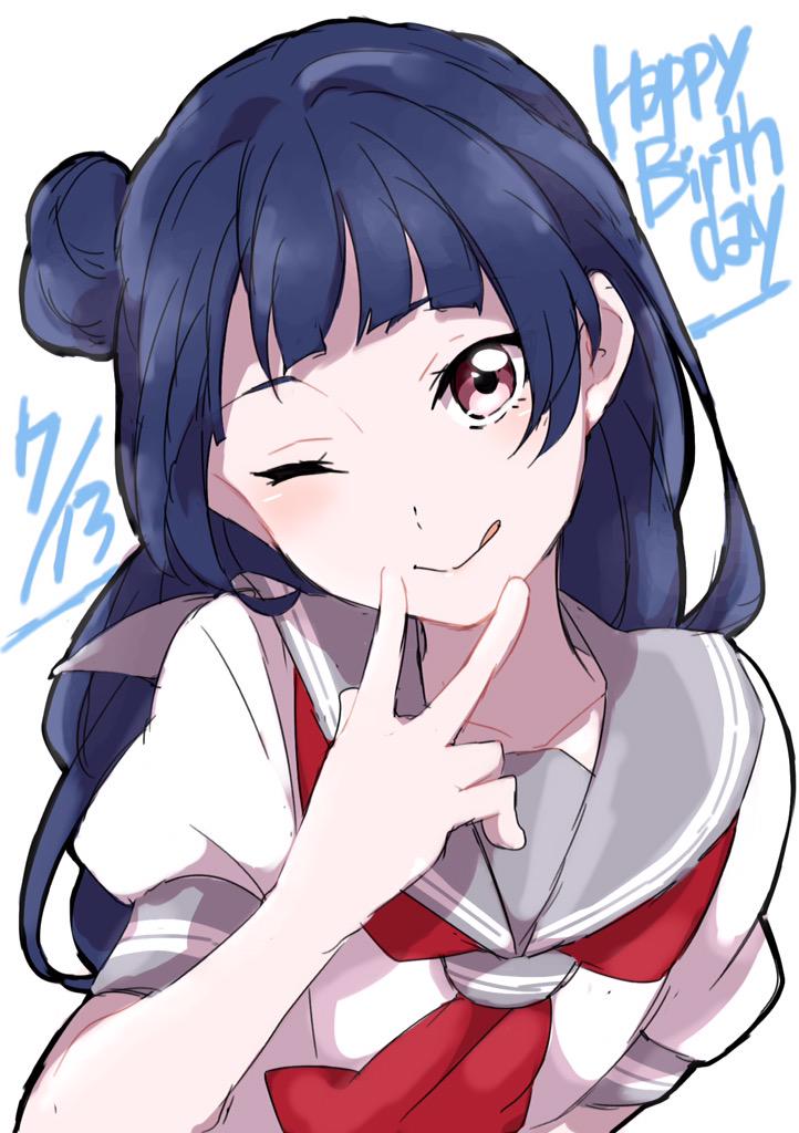 1girl :q bangs blue_hair blunt_bangs blush closed_mouth commentary_request dated hand_to_own_mouth happy_birthday long_hair looking_at_viewer love_live! love_live!_sunshine!! neckerchief one_eye_closed red_neckerchief sailor_collar school_uniform sekina serafuku shirt short_sleeves simple_background smile solo tongue tongue_out tsushima_yoshiko upper_body violet_eyes white_background white_shirt