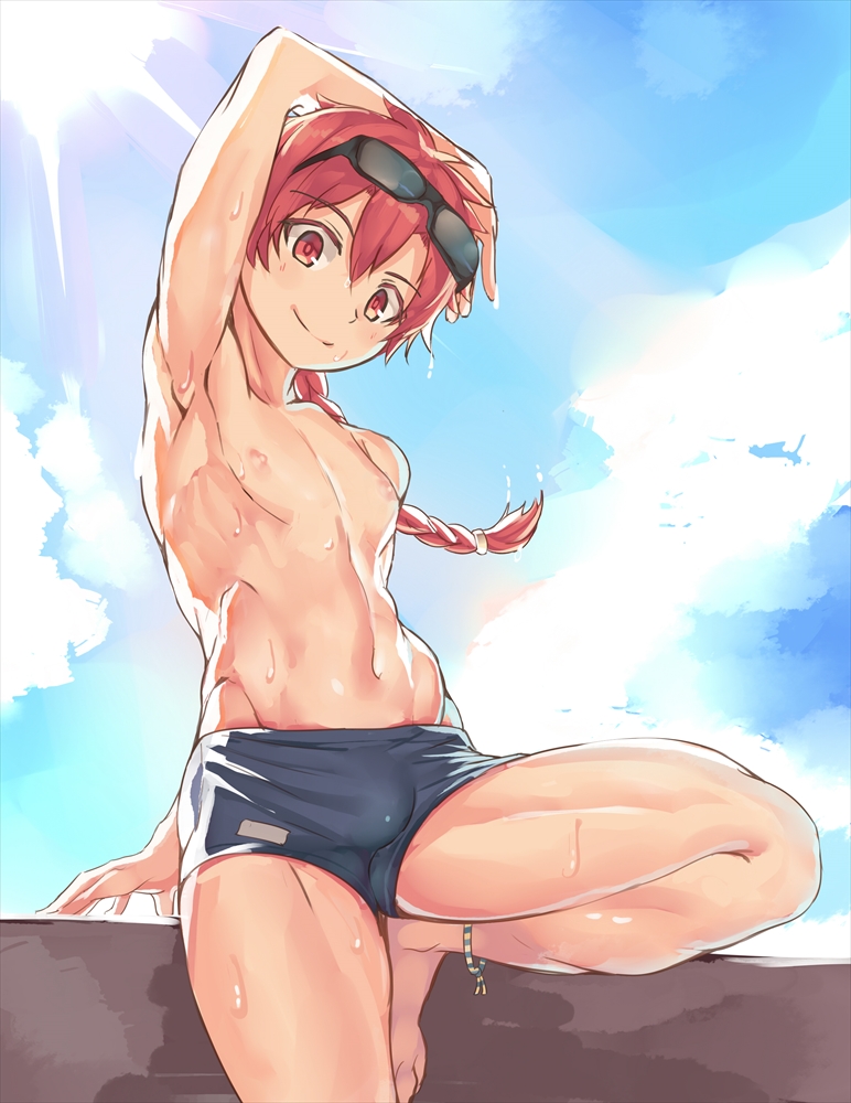 1boy against_wall alexander_(fate/grand_order) ankleband arm_behind_head arm_support armpits barefoot blue_sky braid bulge diffraction_spikes fate/grand_order fate_(series) groin_tendon leg_up long_hair looking_at_viewer male_focus male_swimwear nipples outdoors r-744 red_eyes redhead school_swimsuit single_braid sky smile solo standing standing_on_one_leg sun sunglasses sunglasses_on_head swim_trunks swimsuit swimwear wall wet