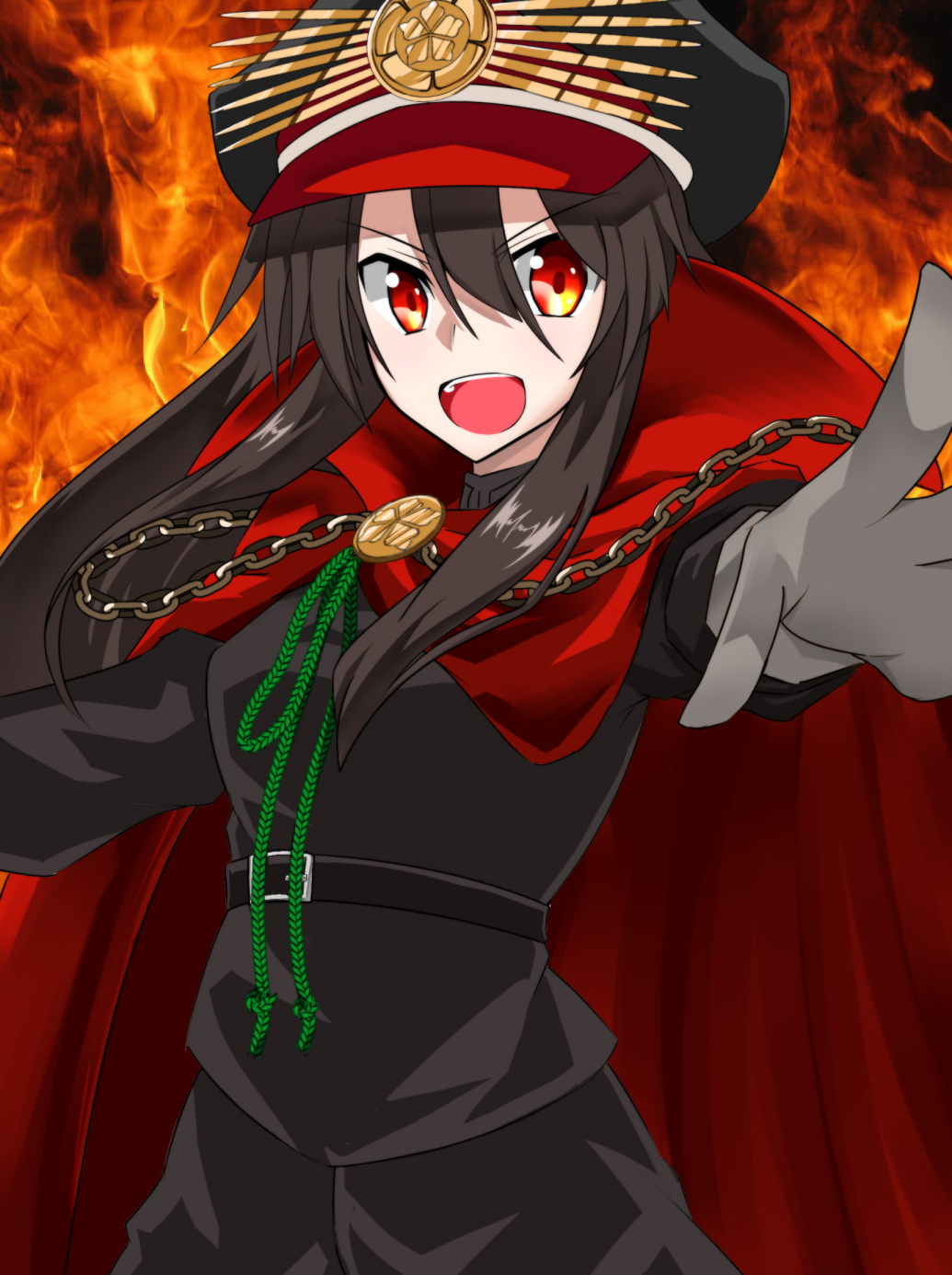 1girl black_hair black_pants demon_archer fate_(series) fire green_ribbon hair_between_eyes highres long_hair open_mouth pants red_eyes ribbon sena_kizahashi solo standing uniform