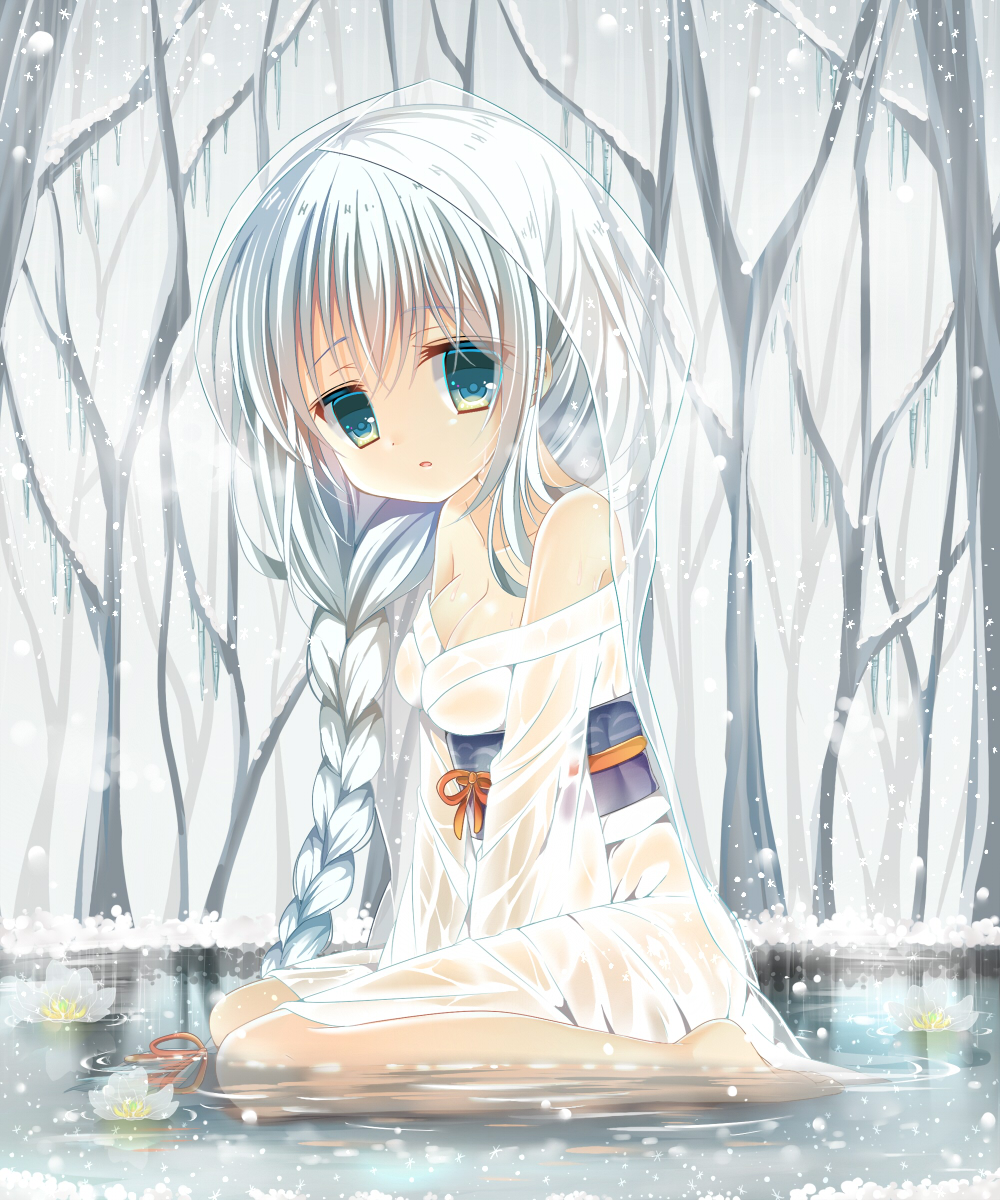1girl aqua_eyes bare_shoulders bare_tree barefoot between_legs braid breasts character_request cleavage collarbone commentary_request day eyebrows_visible_through_hair flower full_body hair_between_eyes hand_between_legs highres icicle japanese_clothes kimono large_breasts lily_pad long_hair looking_at_viewer looking_to_the_side lotus obi off_shoulder outdoors pond sash see-through shallow_water shiiba_nae silver_hair single_braid sitting snow snowing solo sound_voltex tree veil very_long_hair wariza water wet wet_clothes white_kimono winter