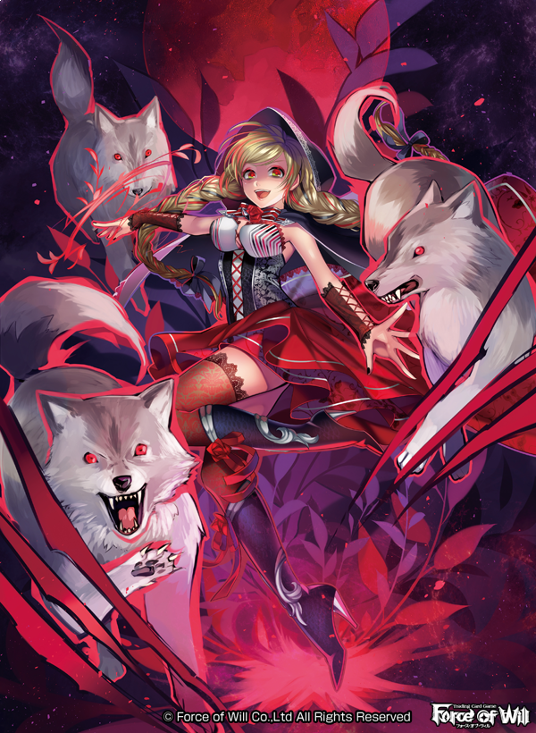 1girl blonde_hair boots bow bowtie braid breasts copyright_name fangs flower force_of_will glowing glowing_eyes green_eyes high_heel_boots high_heels hood leaf matsurika_youko moon multicolored multicolored_eyes official_art open_mouth red_eyes teeth thigh-highs twin_braids wolf