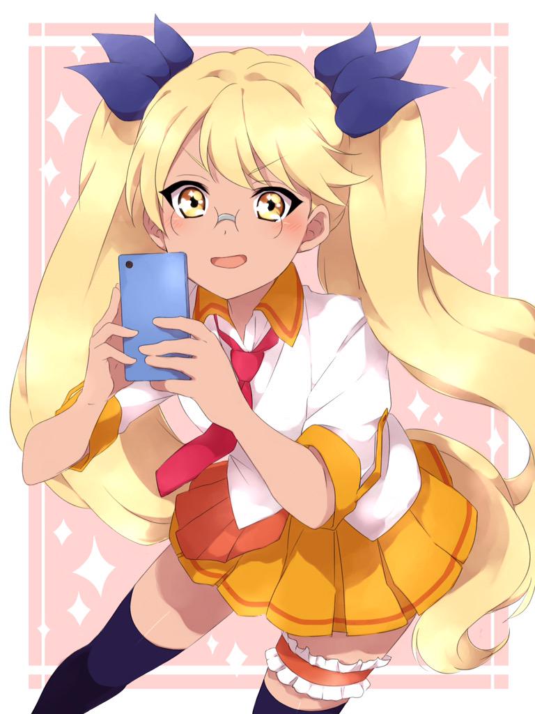 &gt;:d 1girl :d bangs blonde_hair blue_bow blue_legwear blush bow cellphone eyebrows_visible_through_hair garters glasses hair_bow holding holding_phone long_hair looking_at_viewer necktie open_mouth orange_skirt parted_lips phone pink_background pink_necktie pleated_skirt retoree sekina shirt show_by_rock!! skirt smartphone smile solo standing thigh-highs twintails very_long_hair white_shirt yellow_eyes