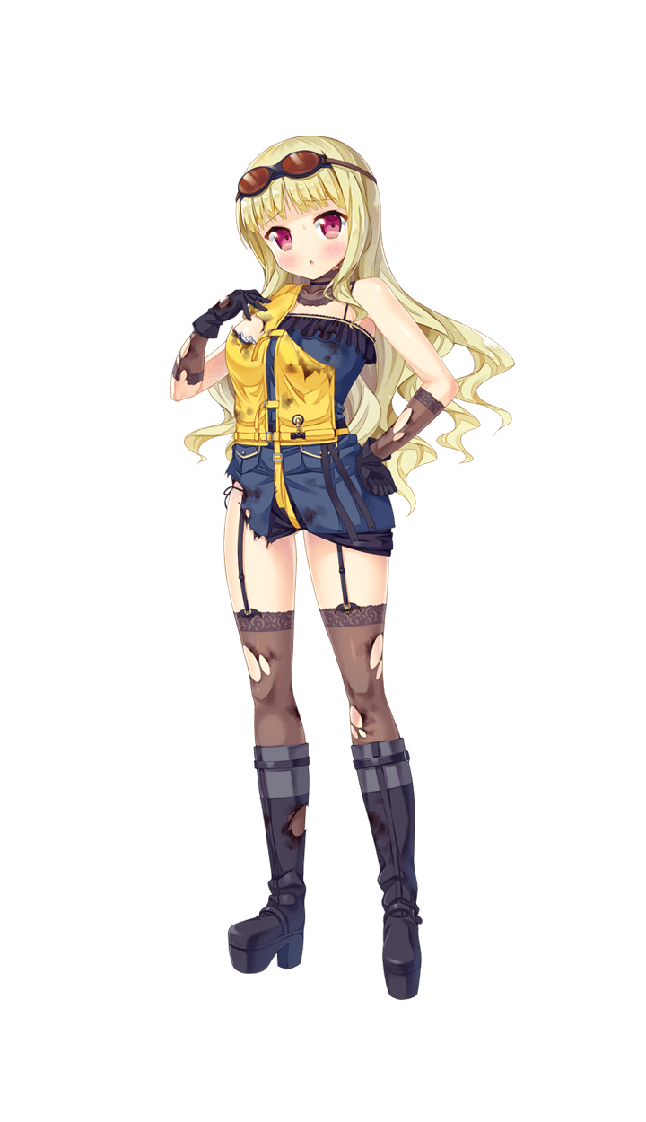 1girl black_boots black_gloves blonde_hair boots formation_girls full_body gloves goggles goggles_on_head hand_on_hip hand_on_own_chest heika_zu_wittgenstein highres ichi_makoto official_art red_eyes sleeveless thigh-highs torn_clothes torn_thighhighs transparent_background yellow_vest