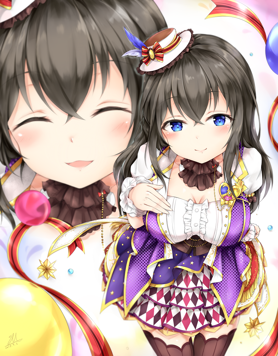 1girl black_hair blue_eyes blush breasts closed_eyes dress expressions hat idolmaster idolmaster_cinderella_girls idolmaster_cinderella_girls_starlight_stage ikasoke_(likerm6au) large_breasts long_hair looking_at_viewer mini_hat puffy_short_sleeves puffy_sleeves sagisawa_fumika short_sleeves showtime_illusion smile solo thigh-highs wrist_cuffs