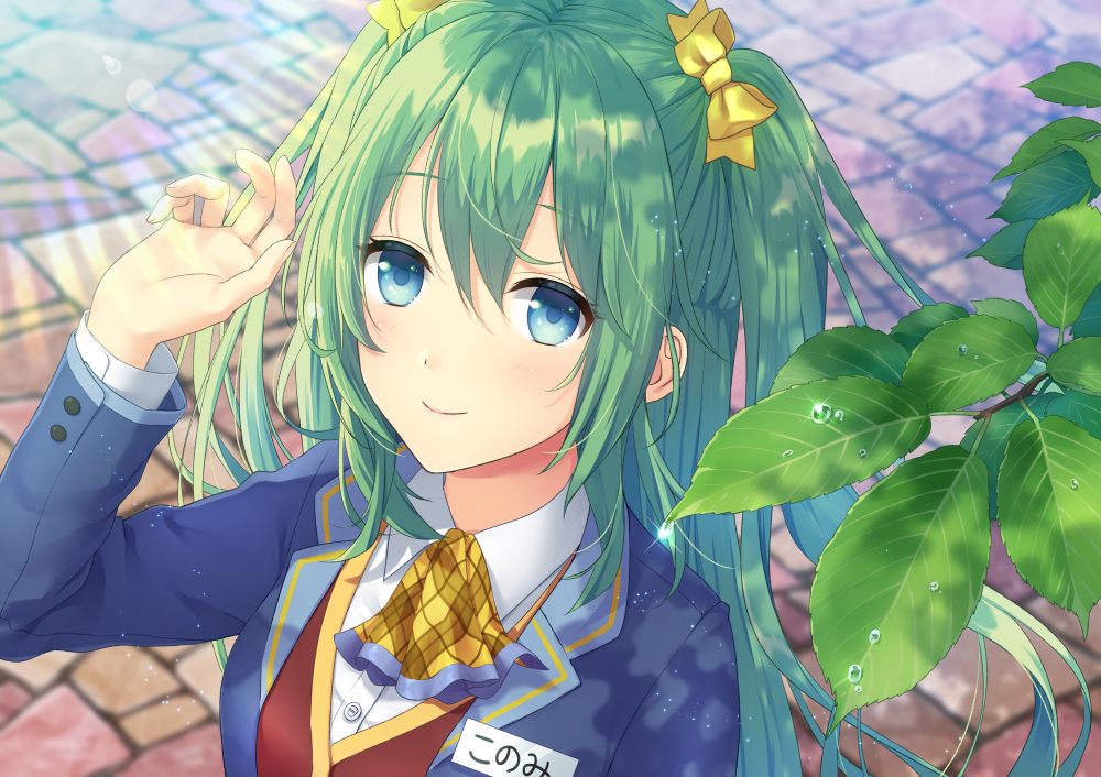 1girl blue_eyes blush bow breasts character_request closed_mouth copyright_request daidai_jamu eyebrows_visible_through_hair green_hair hair_bow large_breasts leaf long_hair long_sleeves looking_at_viewer smile solo twintails two_side_up yellow_bow