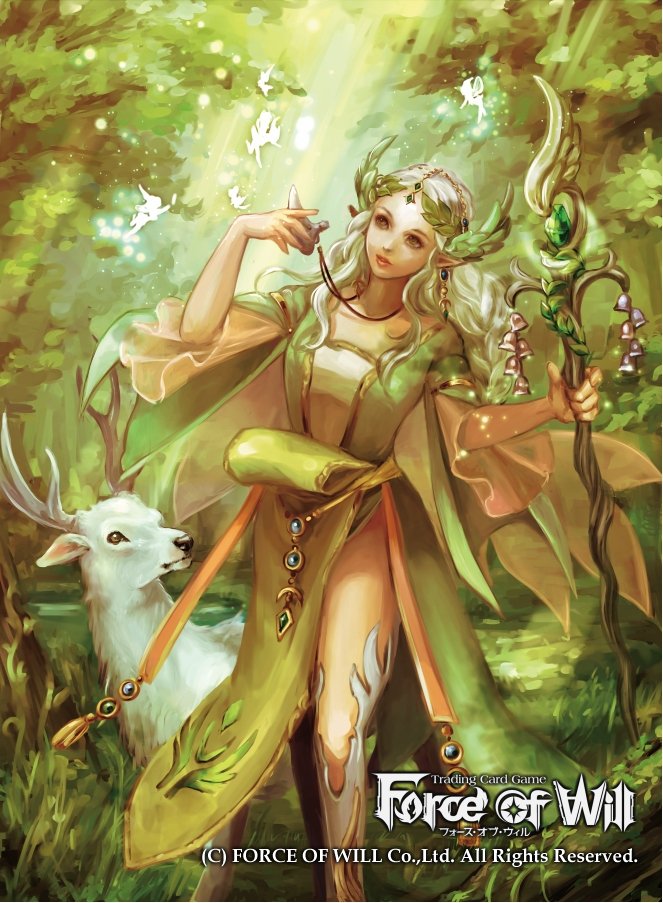 1girl braid brown_eyes copyright_name crystal curly_hair deer earrings fairy force_of_will grass hair_ornament jewelry leaf long_hair nature necklace official_art pointy_ears solo staff teeth tree white_hair