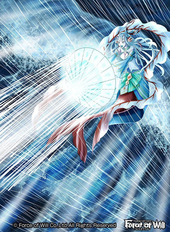 1girl blue_eyes blue_skin breasts cleavage copyright_name force_of_will hair_ornament horns long_hair mermaid monster_girl official_art open_mouth oriental_umbrella rain solo teeth umbrella water white_hair