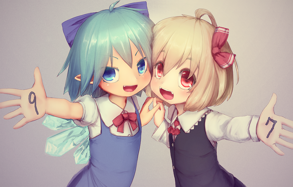 2girls ahoge black_vest blonde_hair blue_dress blue_eyes blue_hair bow cheek-to-cheek cirno date_pun dress gradient gradient_background grey_background hair_bow hair_ribbon hand_holding interlocked_fingers long_sleeves multiple_girls number number_pun open_hand outstretched_hand puffy_short_sleeves puffy_sleeves red_eyes red_ribbon ribbon rumia short_hair short_sleeves simple_background tekina_(chmr) touhou upper_body vest wings