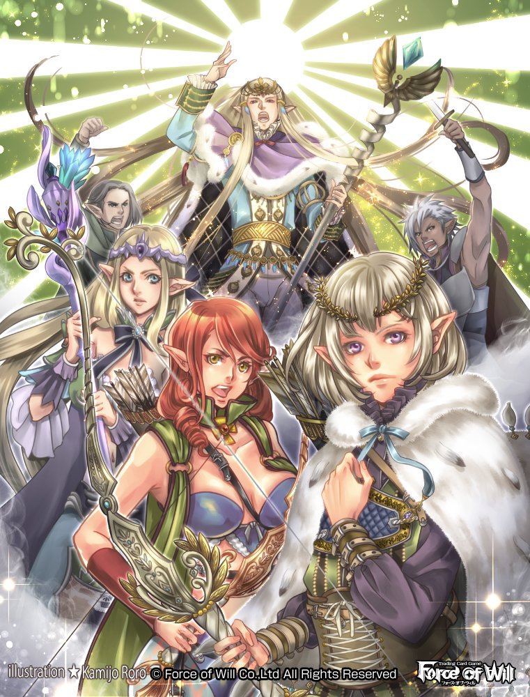 2girls 4boys armor artist_name blonde_hair blue_eyes bow bow_(weapon) bowtie braid breasts cape cleavage copyright_name crystal dagger dark_skin drill_hair force_of_will fur_trim kamijororo long_hair male_focus multiple_boys multiple_girls official_art open_mouth pointy_ears quiver redhead sparkle staff sun sword teeth tiara upper_body violet_eyes weapon white_hair yellow_eyes