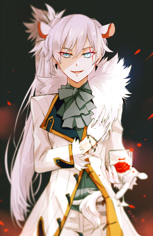 1girl alcohol alternate_costume alternate_universe animal_ears artist_name blue_eyes cravat cup drinking_glass fangs gloves kuma_(bloodycolor) rwby scar scar_across_eye solo weiss_schnee white_hair wine wine_glass