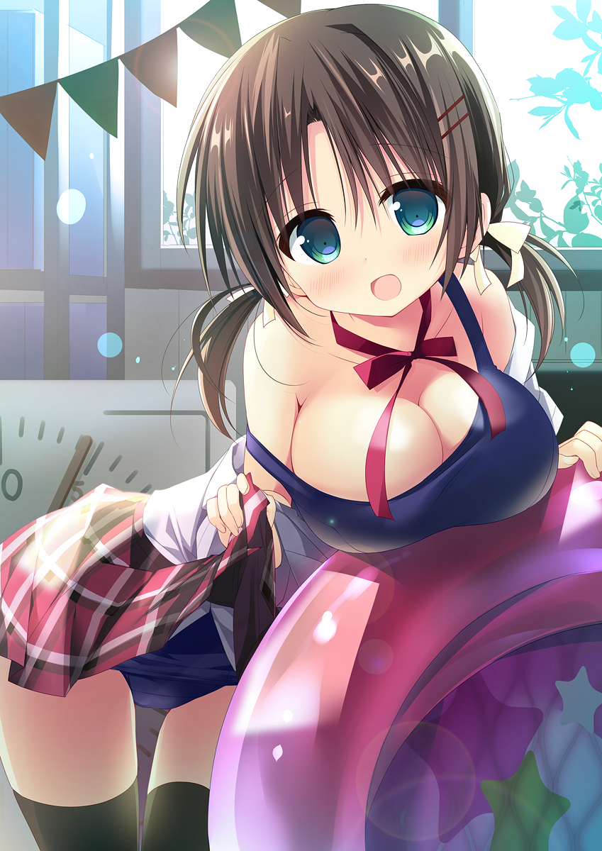 1girl :d bare_shoulders black_legwear blush breasts brown_hair cleavage clock collarbone commentary_request day eyebrows_visible_through_hair green_eyes hair_between_eyes hair_ornament hair_ribbon hairclip head_tilt highres holding indoors large_breasts leaning_forward looking_at_viewer low_twintails nagayama_yuunon neck_ribbon old_school_swimsuit open_mouth original pennant plaid plaid_skirt red_ribbon red_skirt ribbon school_swimsuit shirt shirt_down sidelocks skirt skirt_lift smile solo standing strap_slip string_of_flags sunlight swimsuit swimsuit_under_clothes tareme thigh-highs twintails wading_pool white_ribbon white_shirt window