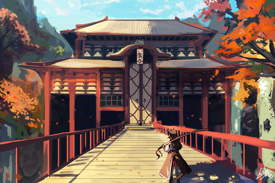1girl architecture artist_name autumn_leaves blue_sky brown_hair door east_asian_architecture from_behind holding holding_sword holding_weapon lansane long_hair long_sleeves mountain ootachi original over_shoulder shadow skirt sky solo standing sword temple tree tsana_(lansane) walkway water waterfall weapon weapon_over_shoulder