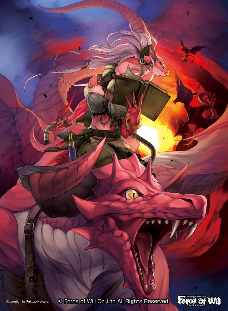 1girl book breasts cleavage copyright_name dragon dragon_horns dragon_tail fangs fire force_of_will fukuzou furry horns jewelry long_hair low_ponytail necklace official_art open_mouth pink_eyes ring sky tail white_hair yellow_eyes