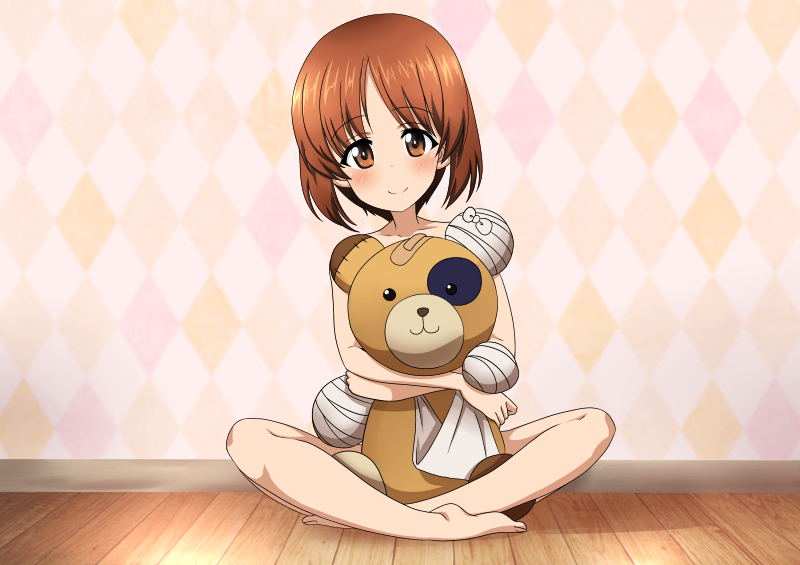 1girl banages barefoot blush boko_(girls_und_panzer) brown_eyes brown_hair collarbone eyebrows_visible_through_hair full_body girls_und_panzer indian_style indoors looking_at_viewer nekota_susumu nishizumi_miho nude short_hair sitting smile solo stuffed_animal stuffed_toy teddy_bear wooden_floor