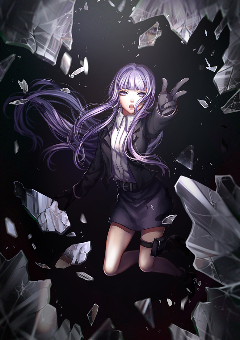 1girl belt black_gloves black_jacket black_skirt broken_glass dangan_ronpa dangan_ronpa_1 dress_shirt floating_hair full_body glass gloves hei_yu holster jacket kirigiri_kyouko long_hair miniskirt open_mouth outstretched_arms purple_hair shirt skirt solo thigh_holster very_long_hair violet_eyes white_shirt