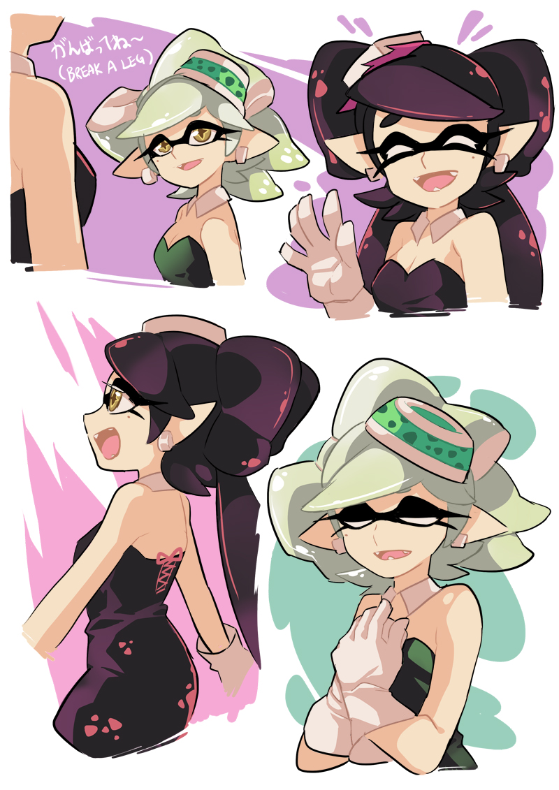 +_+ 2girls :d aori_(splatoon) black_dress black_hair black_jumpsuit brown_eyes closed_eyes closed_mouth cousins detached_collar domino_mask dress earrings english facing_viewer fangs food food_on_head from_side gloves grey_hair hotaru_(splatoon) jewelry light_smile long_hair looking_at_another mask mole mole_under_eye multiple_girls music object_on_head one_eye_closed open_mouth parted_lips pointy_ears short_hair singing smile splatoon standing strapless strapless_dress sushi tentacle_hair white_gloves wong_ying_chee