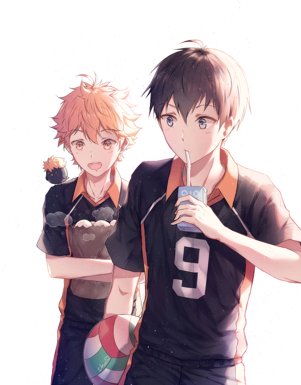 2boys ahoge ball bird black_hair black_shorts blue_eyes collarbone commentary crow drink drooling eyebrows_visible_through_hair haikyuu!! hinata_shouyou holding holding_ball kageyama_tobio looking_at_another male_focus milk_carton multiple_boys open_mouth orange_eyes orange_hair shirt short_sleeves shorts shuryukan simple_background smile sportswear standing steam t-shirt upper_teeth volleyball_uniform white_background