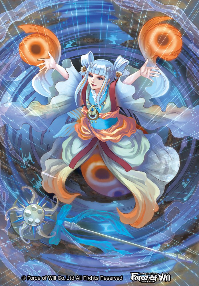 1girl blue_eyes blue_hair copyright_name force_of_will horns japanese_clothes jewelry kimono long_hair mermaid monster_girl multicolored_hair necklace nekobayashi official_art open_mouth orange_hair rain solo staff twintails two-tone_hair water