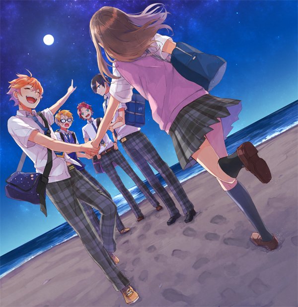 1girl 4boys akehoshi_subaru anzu_(ensemble_stars!) beach black_hair blonde_hair blue-framed_eyewear brown_hair ensemble_stars! full_moon glasses hidaka_hokuto long_hair moon multiple_boys necktie night night_sky ocean orange_hair pants pink_hair plaid plaid_pants plaid_skirt sand school_uniform short_hair skirt sky smile trickstar yumenosaki_school_uniform yuuki_makoto_(ensemble_stars!)