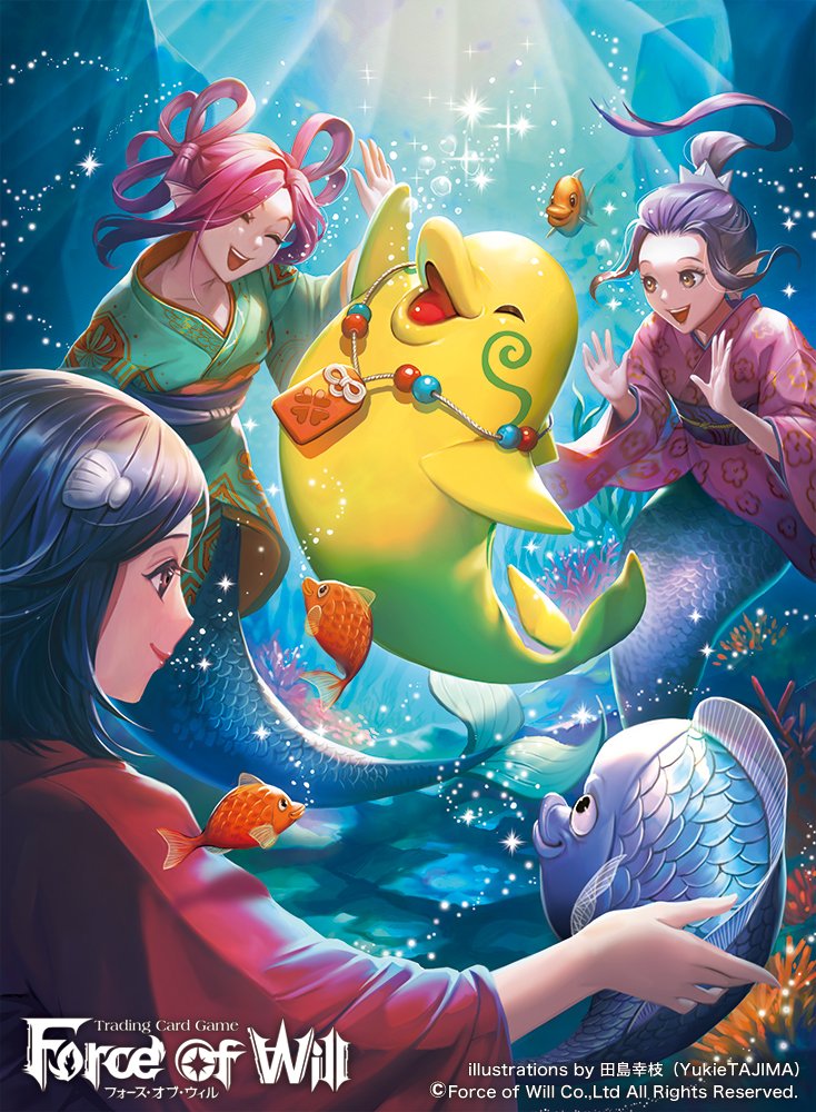 3girls artist_name black_hair blue_hair brown_eyes bubble closed_eyes copyright_name dolphin fish force_of_will hair_ornament head_fins japanese_clothes jewelry kimono long_hair mermaid monster_girl multiple_girls necklace official_art open_mouth pink_hair ponytail sparkle tajima_yukie teeth underwater