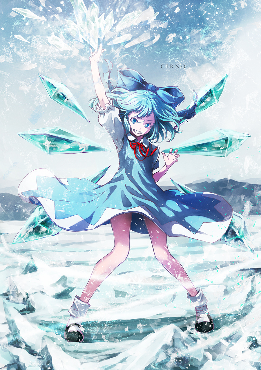 1girl arm_up bare_legs black_shoes blue_bow blue_dress blue_eyes blue_hair bow character_name cirno day dress full_body hair_bow highres ice ice_wings looking_at_viewer outdoors red_ribbon ribbon satyuas shoes short_dress snowing socks solo standing touhou white_legwear wind wings winter