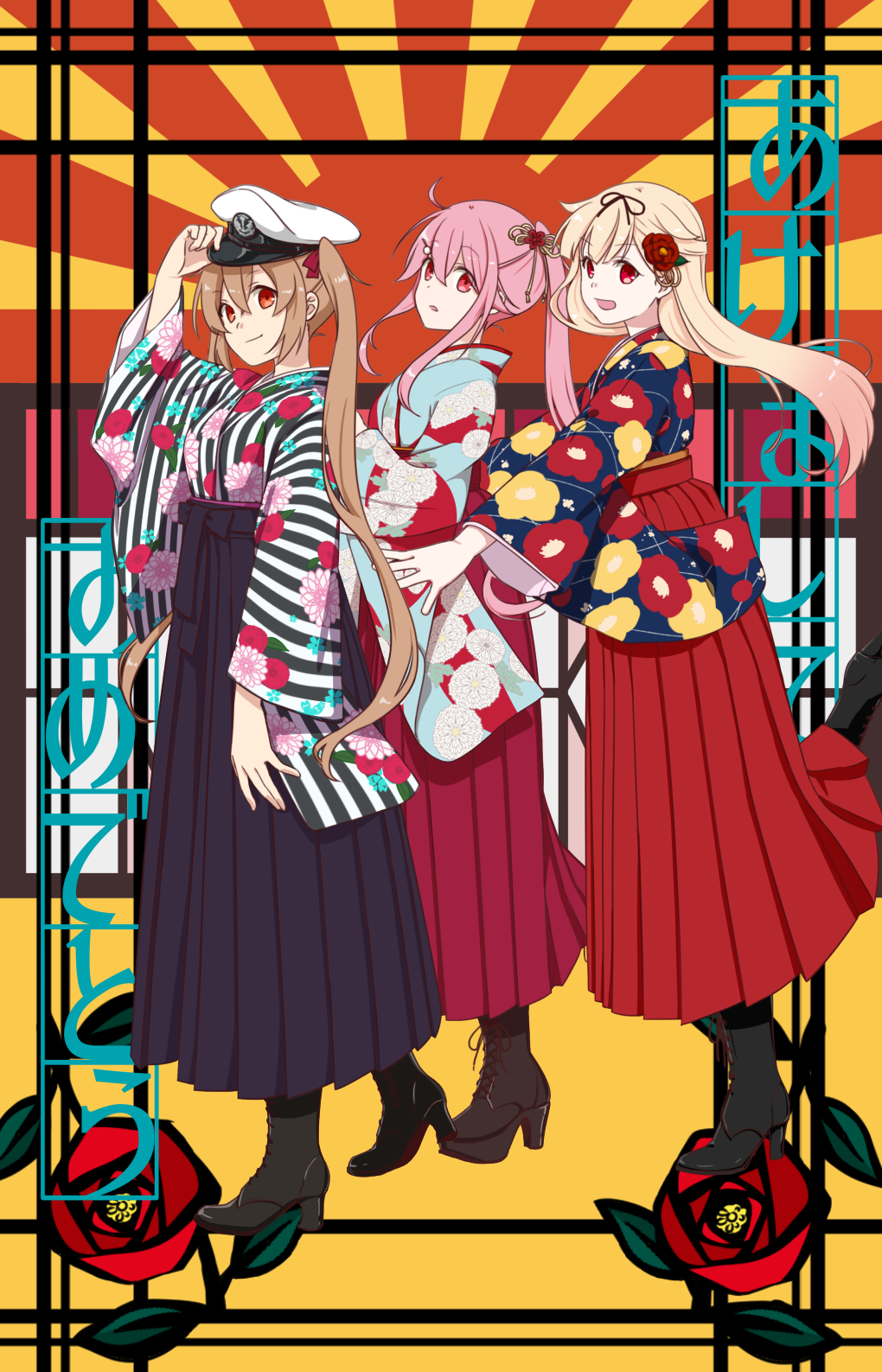 3girls :d adjusting_clothes adjusting_hat alternate_costume alternate_hairstyle black_ribbon blonde_hair boots brown_hair closed_eyes cross-laced_footwear eyebrows_visible_through_hair floral_print flower full_body hair_between_eyes hair_flaps hair_flower hair_ornament hair_ribbon hakama harusame_(kantai_collection) hat high_heel_boots high_heels highres japanese_clothes kantai_collection kimono lace-up_boots long_hair long_sleeves looking_at_viewer mai_(maika_04) meiji_schoolgirl_uniform military military_hat multiple_girls murasame_(kantai_collection) open_mouth peaked_cap pink_hair ponytail red_eyes red_flower red_ribbon remodel_(kantai_collection) ribbon sidelocks smile sunrise twintails wide_sleeves yuudachi_(kantai_collection)