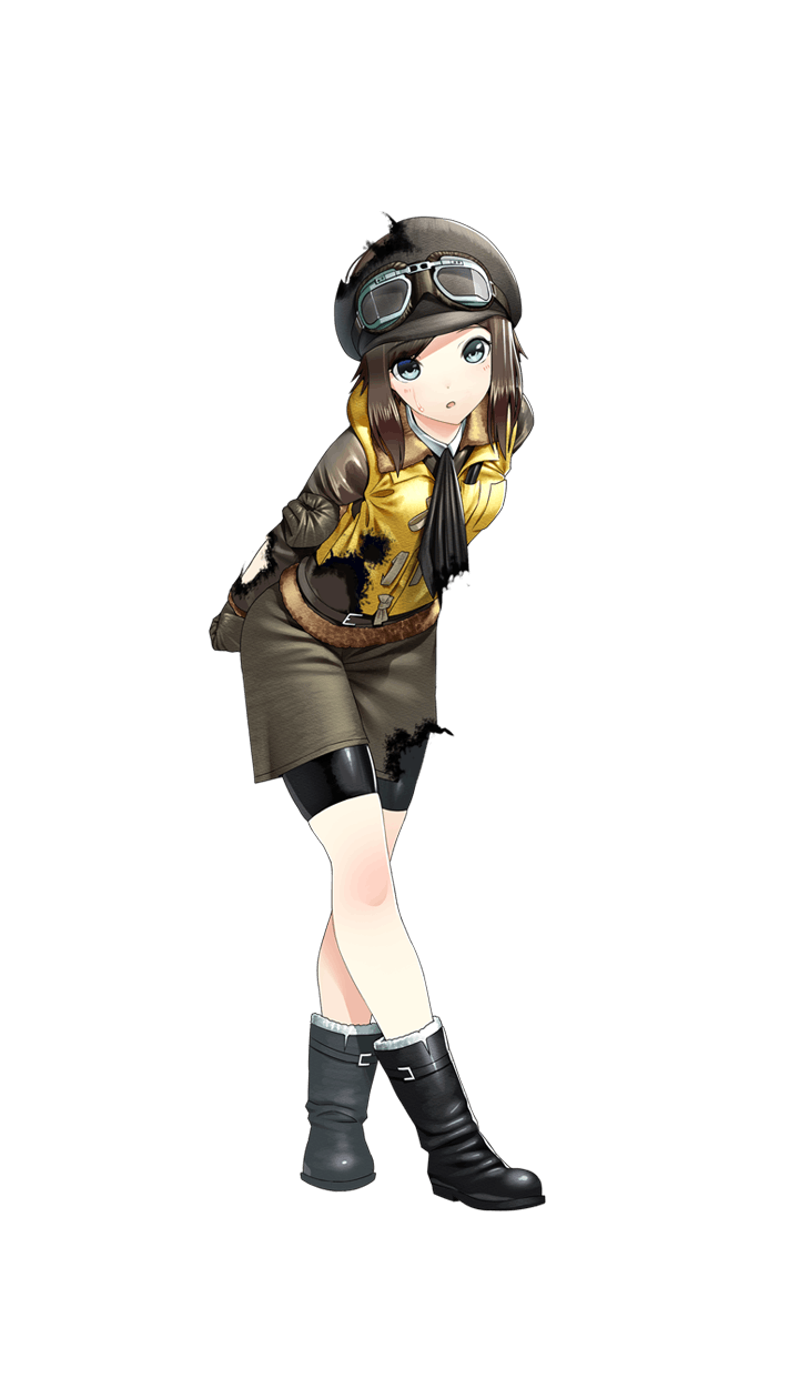 1girl arm_behind_back artist_request bike_shorts black_boots black_eyes boots brown_hair fiona_westbury formation_girls full_body goggles goggles_on_headwear hat highres legs_crossed official_art solo sweat torn_clothes torn_hat transparent_background yellow_vest