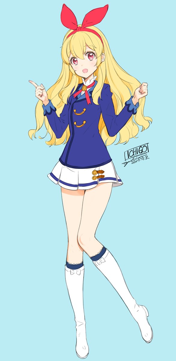 1girl :d aikatsu! bangs blonde_hair blue_background blue_jacket boots character_name clenched_hand commentary_request dated eyebrows_visible_through_hair full_body hairband highres hoshimiya_ichigo index_finger_raised jacket knee_boots knees_together_feet_apart long_hair long_sleeves looking_at_viewer ooyari_ashito open_mouth pleated_skirt red_eyes school_uniform simple_background skirt smile solo standing standing_on_one_leg white_boots