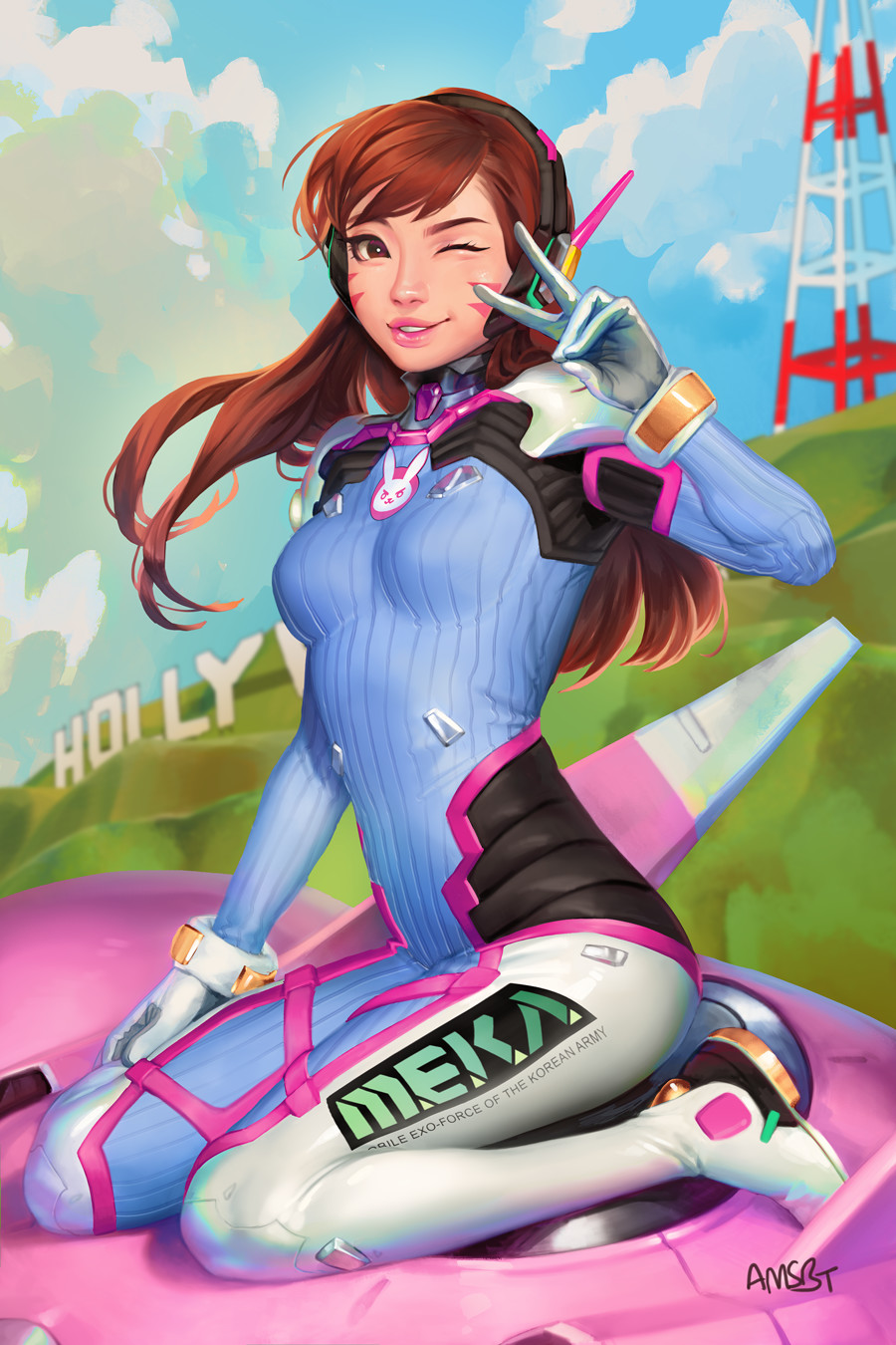 1girl ;) animal_print blue_bodysuit bodysuit breasts brown_eyes brown_hair bunny_print d.va_(overwatch) facepaint gloves headphones high_collar highres hollywood_sign lips manda_schank mecha meka_(overwatch) nose one_eye_closed overwatch pauldrons pilot_suit pink_lips ribbed_bodysuit shoulder_pads sitting skin_tight small_breasts smile solo v_over_eye wariza whisker_markings white_gloves