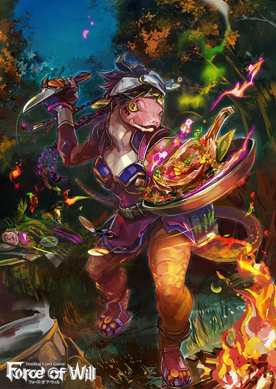 1girl black_hair braid breastplate breasts cleavage copyright_name dragon_tail fire food force_of_will furry knife komamitsu leaf long_hair multicolored_hair official_art open_mouth pink_hair sandals sky solo tail tattoo tree two-tone_hair yellow_eyes