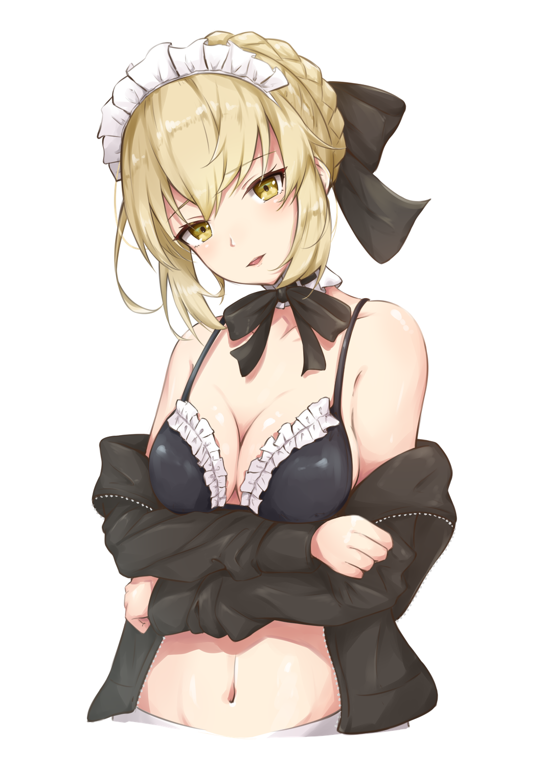 1girl artoria_pendragon_(all) artoria_pendragon_(swimsuit_rider_alter)_(fate) black_bikini_top black_ribbon blonde_hair braid breasts cleavage fate/grand_order fate_(series) hair_ribbon highres hoshimiya_mashiro looking_at_viewer maid maid_bikini maid_headdress medium_breasts navel ribbon saber_alter short_hair simple_background solo white_background yellow_eyes