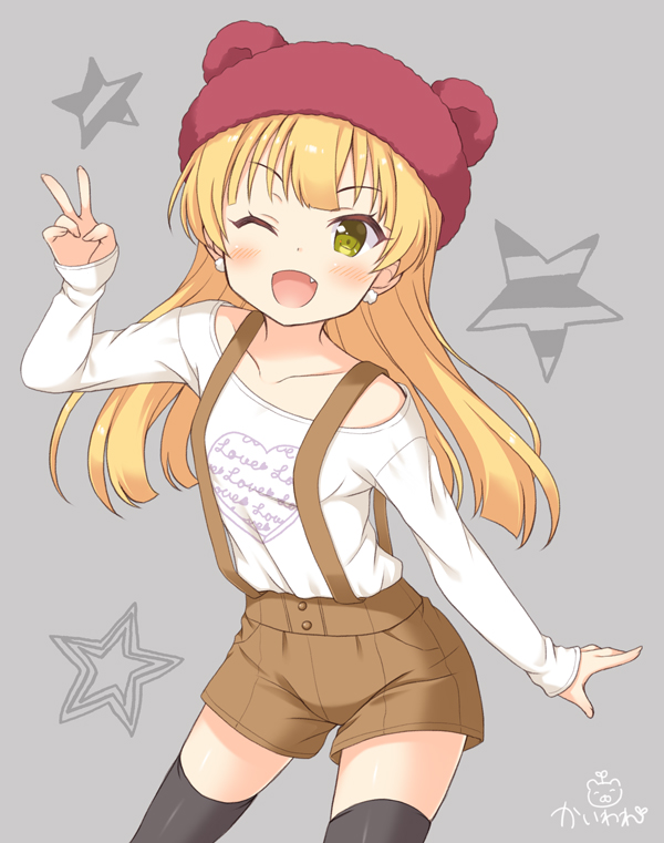 1girl ;d animal_ears animal_hat arm_up bangs bear_hat black_legwear blonde_hair blush brown_shorts clothes_writing collarbone commentary_request contrapposto diagonal_stripes earrings eyebrows_visible_through_hair fake_animal_ears fang green_eyes grey_background hat heart idolmaster idolmaster_cinderella_girls idolmaster_cinderella_girls_starlight_stage jewelry jougasaki_rika kaiware-san long_hair long_sleeves looking_at_viewer one_eye_closed open_mouth shirt shorts signature simple_background smile solo standing star starry_background striped suspender_shorts suspenders tareme thigh-highs v white_shirt