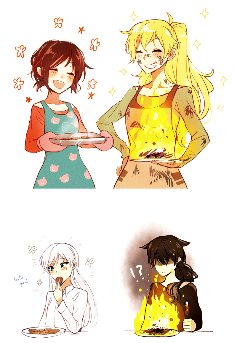 4girls apron black_hair blake_belladonna blonde_hair burnt_food cookie english fire food kuma_(bloodycolor) multiple_girls redhead ruby_rose rwby smile smudge weiss_schnee white_hair yang_xiao_long