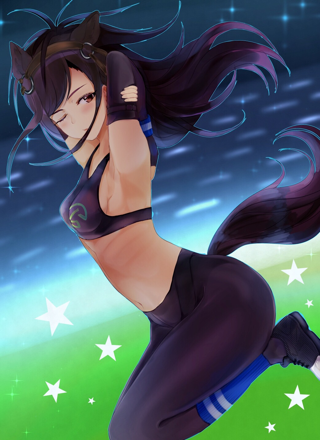 1girl ancolatte_(onikuanco) animal_ears armpits arms_behind_head arms_up black_gloves black_hair breasts brown_eyes brown_thoroughbred_(kemono_friends) closed_mouth cowboy_shot crotch_seam elbow_gloves expressionless fingerless_gloves from_side gloves hand_on_own_arm highres horse_ears horse_tail kemono_friends long_hair looking_at_viewer medium_breasts midriff navel one_eye_closed pantyhose ribs solo sports_bra star stomach tail wristband