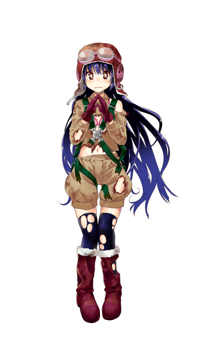 1girl aviator_cap black_legwear blue_hair boots boshi_(a-ieba) bra brown_boots brown_eyes formation_girls full_body gloves goggles goggles_on_headwear hands_together highres kanei_fusako long_hair midriff navel official_art purple_bra solo tearing_up thigh-highs torn_boots torn_clothes torn_thighhighs transparent_background underwear very_long_hair