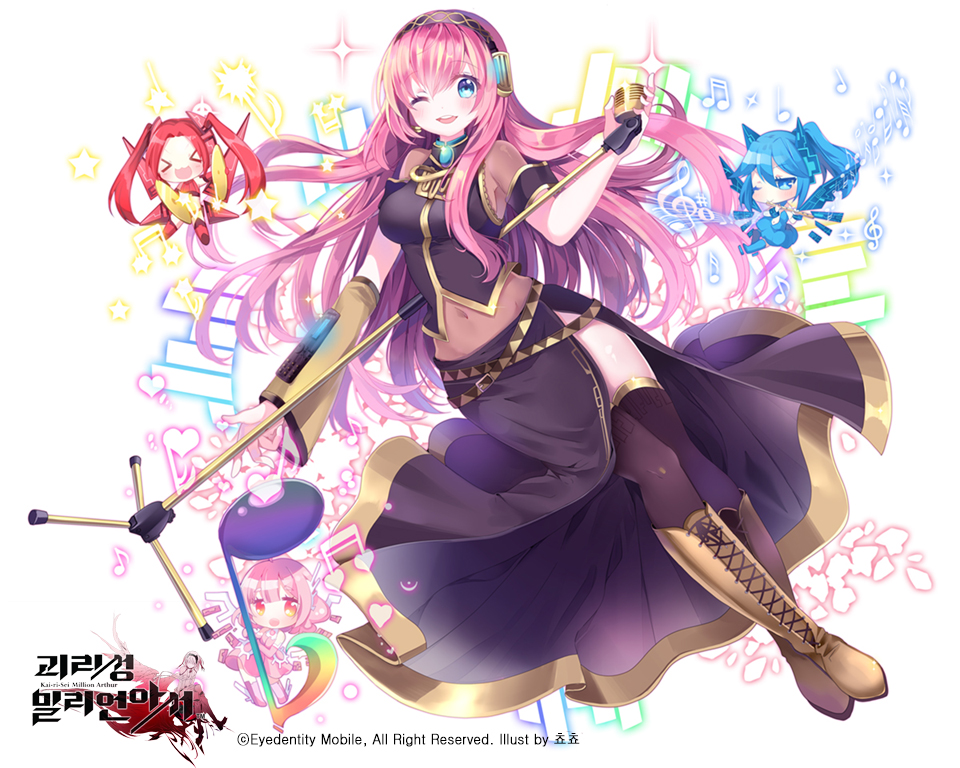 1girl ;d black_legwear black_skirt blue_eyes breasts chocho_(homelessfox) earrings floating_hair full_body holding holding_microphone jewelry long_hair medium_breasts megurine_luka microphone microphone_stand midriff navel one_eye_closed open_mouth pink_hair see-through shiny shiny_skin short_sleeves sideboob skirt smile solo stomach thigh-highs very_long_hair vocaloid