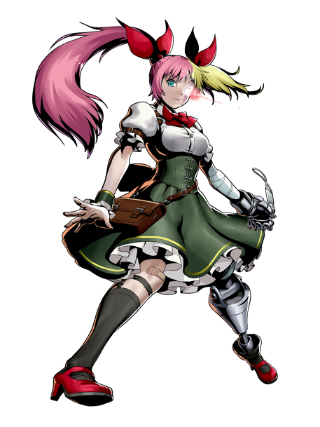 1girl bandaid bandaid_on_knee belt blonde_hair breasts burn_scar cyborg eyepatch green_skirt large_breasts leaning_forward long_hair long_sleeves looking_at_viewer mechanical_arm mechanical_leg medical_eyepatch metal_slug metal_slug_attack multicolored_hair official_art one_eye_covered open_mouth pink_hair pouch puffy_long_sleeves puffy_sleeves ribbon scar shoes skirt socks solo transparent_background twintails vita_(metal_slug)