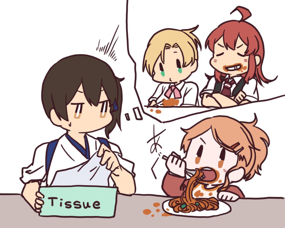 4girls age_regression ahoge aquila_(kantai_collection) arashi_(kantai_collection) betchan blonde_hair brown_eyes brown_hair eating food fork green_eyes hair_ornament hairclip japanese_clothes kaga_(kantai_collection) kantai_collection long_hair maikaze_(kantai_collection) multiple_girls pasta plate ponytail redhead short_hair side_ponytail surprised sweatdrop tissue_box white_background younger